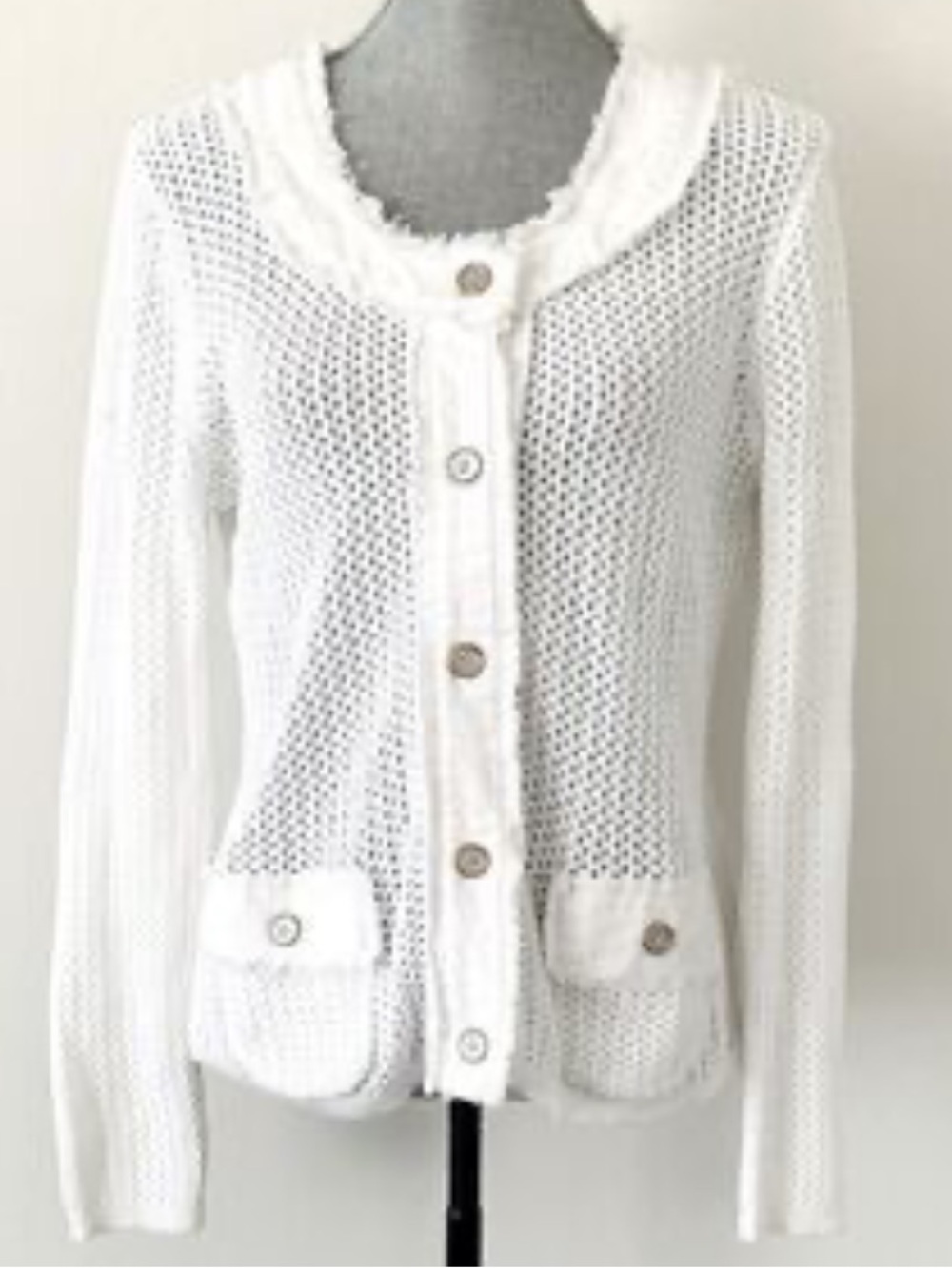 Laura Ashley white lightweight knit sweater front and linen blend back cardigan